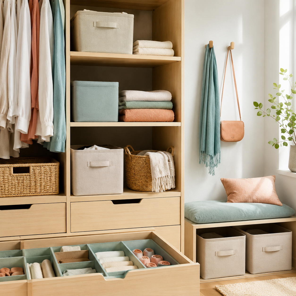 Storage bins, drawer dividers and wall hooks in an organized home space