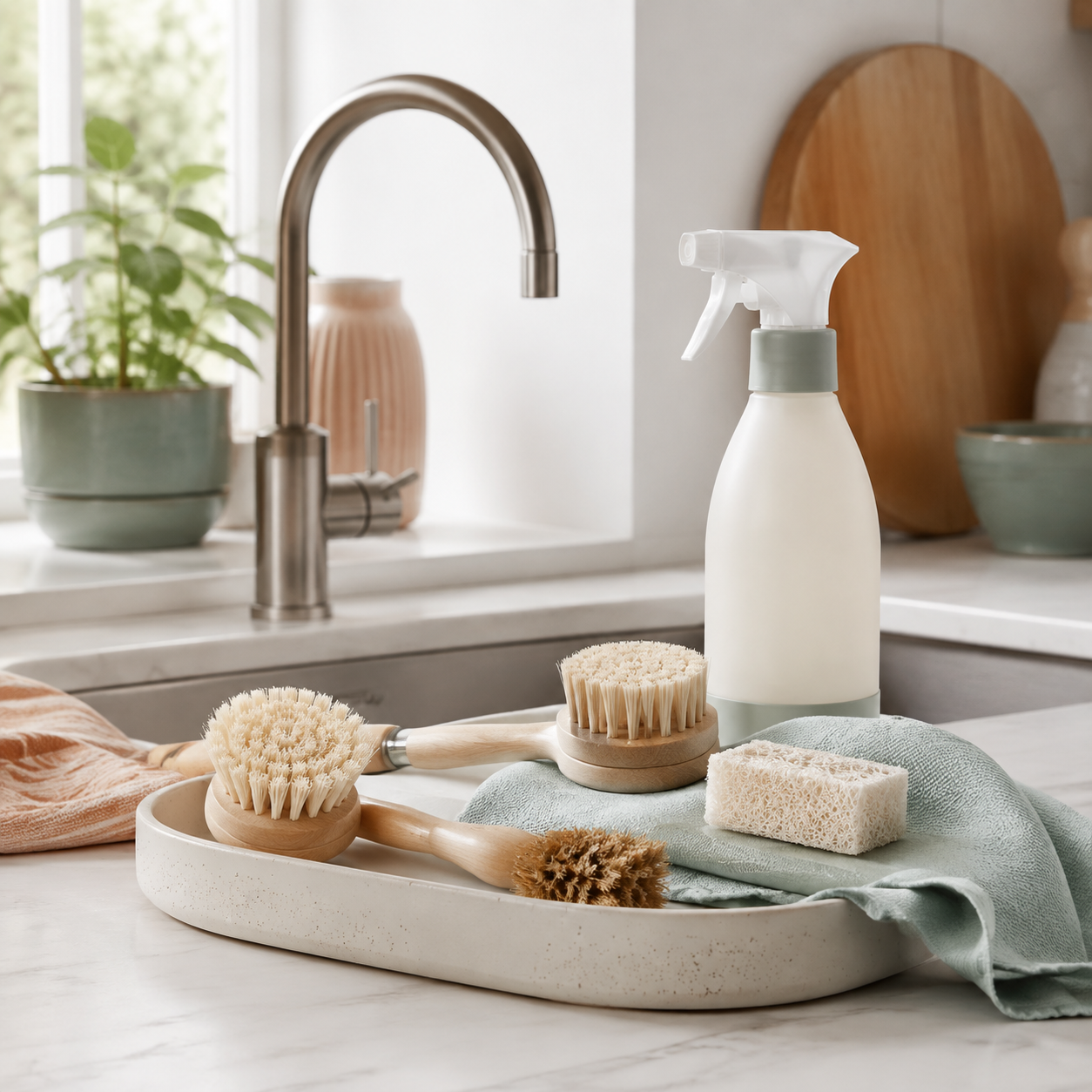 Kitchen cleaning brushes, sponge and refillable spray bottle on a bright counter