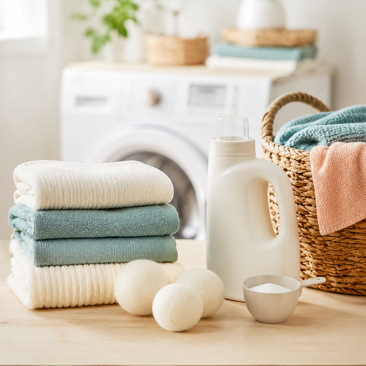 Laundry care supplies, folded towels and basket in a bright laundry area