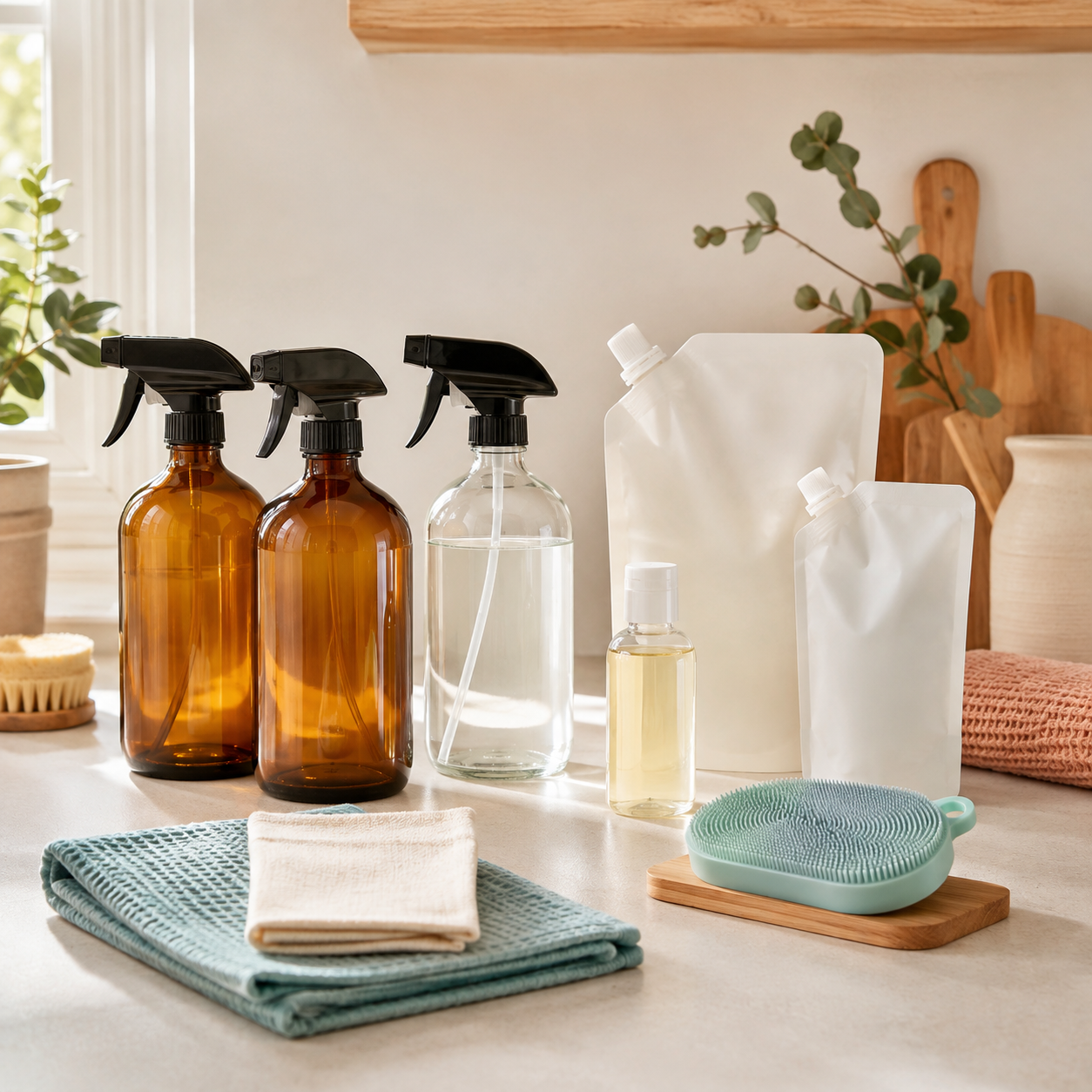 Reusable cleaning bottles, refill containers, sponge and cloth