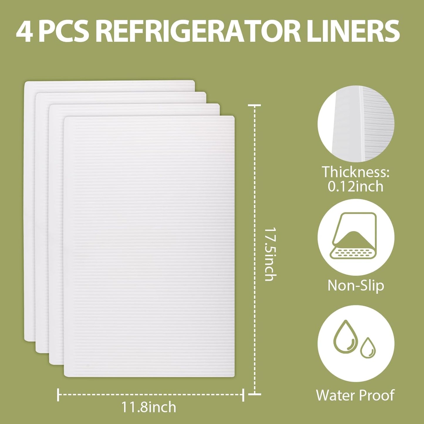 Non-Slip Silicone Refrigerator Shelf Liners (4 Pack), Waterproof Fridge Mats with Raised Edge, Cut-to-Fit Drawer & Cabinet Liners, Easy Clean Food-Grade Shelf Protector (17.7" x 11.6")