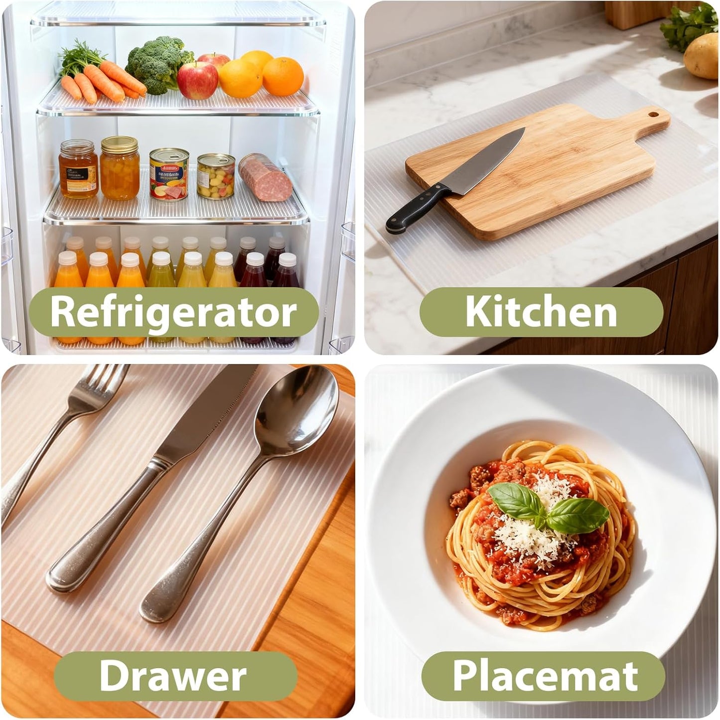 Non-Slip Silicone Refrigerator Shelf Liners (4 Pack), Waterproof Fridge Mats with Raised Edge, Cut-to-Fit Drawer & Cabinet Liners, Easy Clean Food-Grade Shelf Protector (17.7" x 11.6")