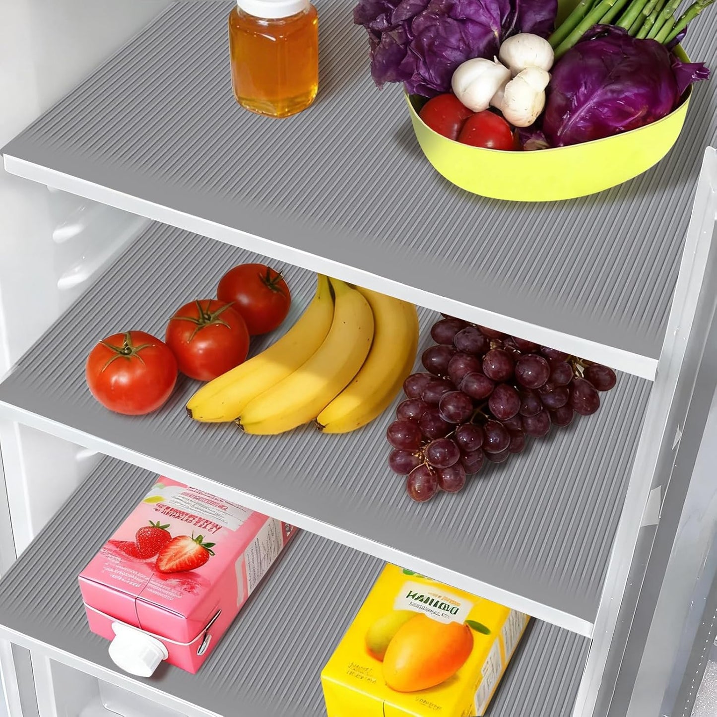 Non-Slip Silicone Refrigerator Shelf Liners (4 Pack), Waterproof Fridge Mats with Raised Edge, Cut-to-Fit Drawer & Cabinet Liners, Easy Clean Food-Grade Shelf Protector, Gray