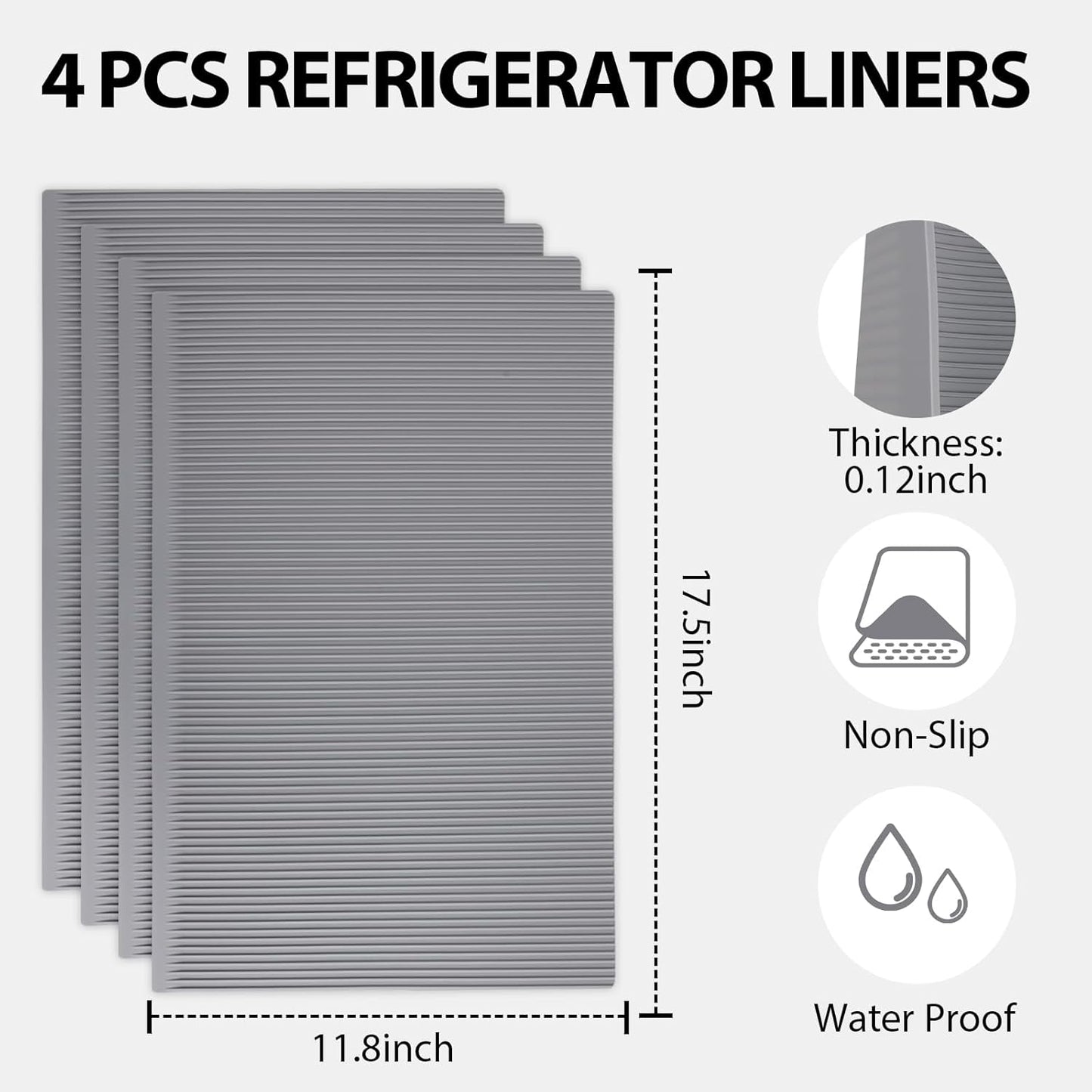 Non-Slip Silicone Refrigerator Shelf Liners (4 Pack), Waterproof Fridge Mats with Raised Edge, Cut-to-Fit Drawer & Cabinet Liners, Easy Clean Food-Grade Shelf Protector, Gray