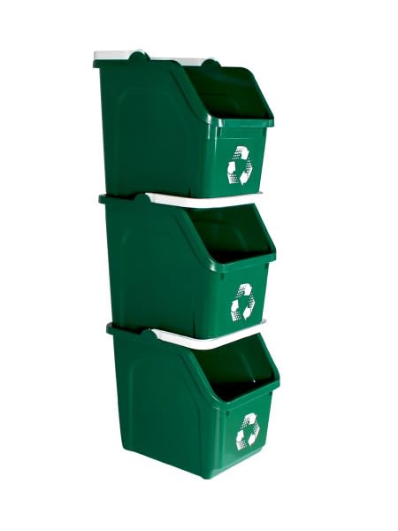 Multi Recycling Bin System with Three Stacking 6 Gallon Bins with Carrying Handles, Stackable and Compact for Offices, Homes, Garages, Businesses - (Green, 3 Pack)