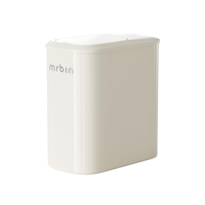 MRBIN Motion Sensor Bathroom Metal Trash Can with Lid and Wheels, 10L/2.6gal Automatic Removable Slim Electric Narrow Waste Basket for Near Desk Office, Bedroom, Kitchen, Rv, White