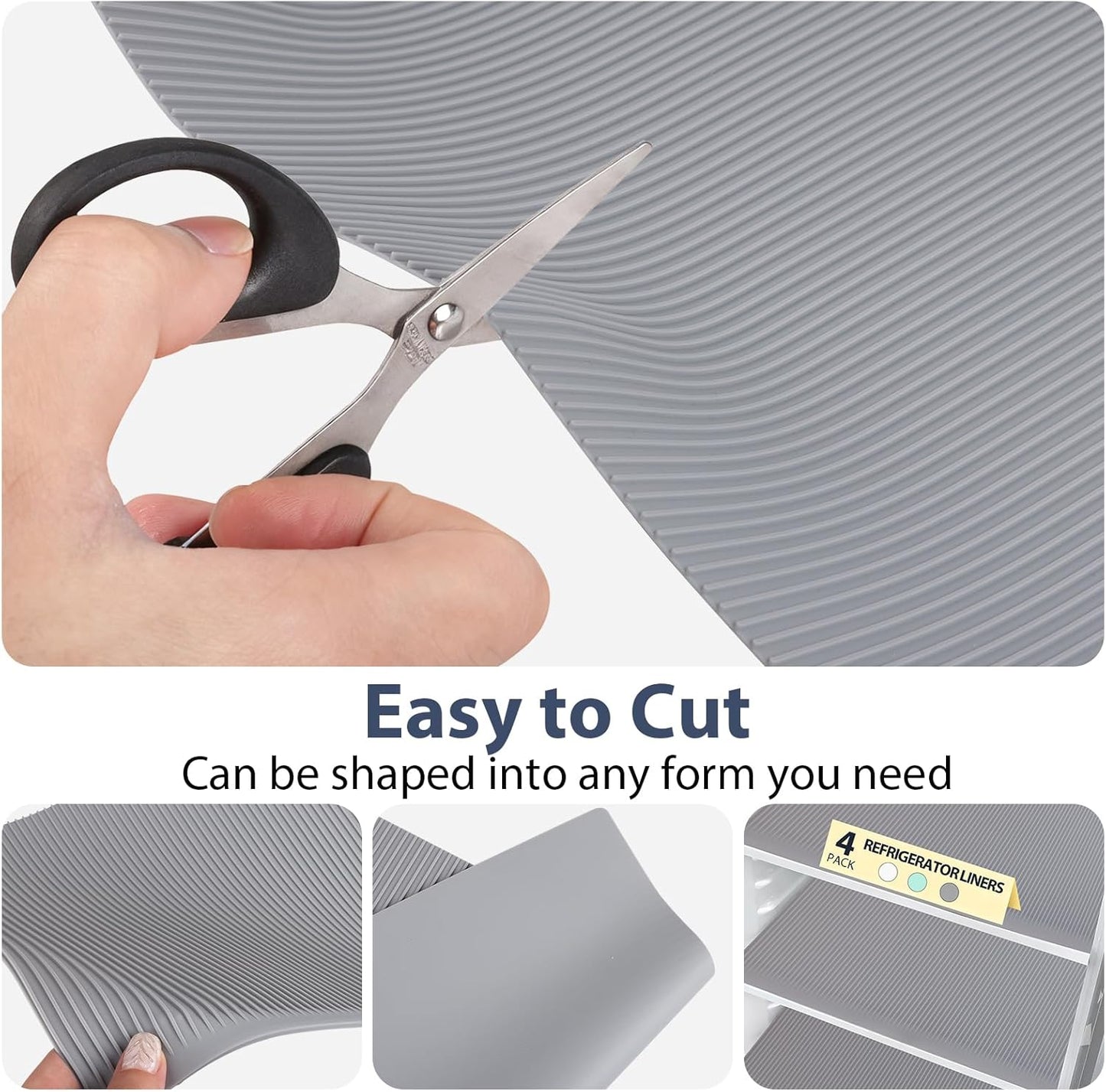 Non-Slip Silicone Refrigerator Shelf Liners (4 Pack), Waterproof Fridge Mats with Raised Edge, Cut-to-Fit Drawer & Cabinet Liners, Easy Clean Food-Grade Shelf Protector, Gray