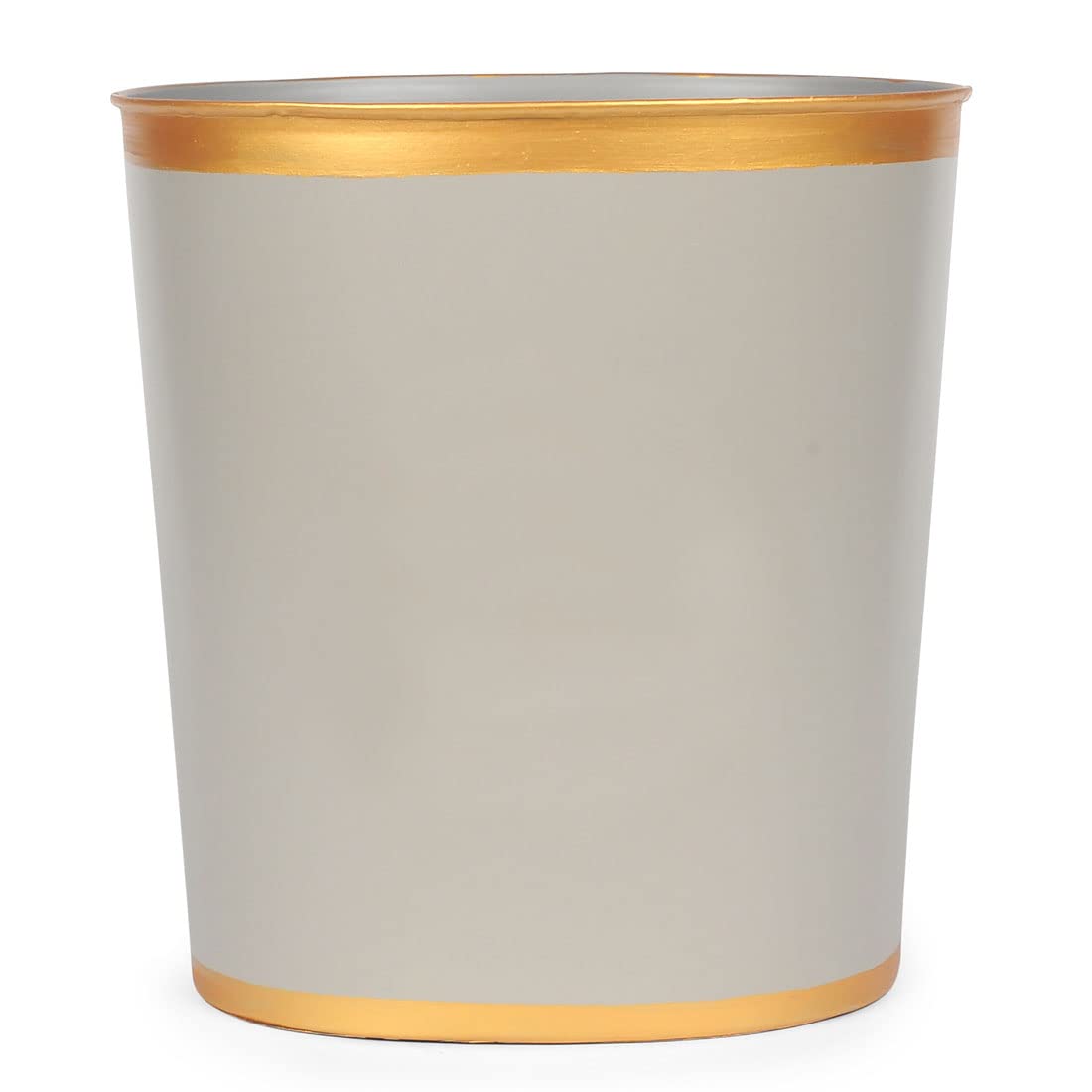 Jaye's Studio Mattie Oval Waste Basket for Bathroom Decorative, Gold Trim & Finish, Hand-Painted, Handcrafted Metal Wastebasket, Garbage Bin & Trash Bin for Bedroom, Office, 12" x 10" x 8" (Taupe)