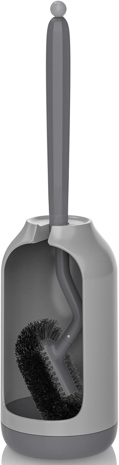 HAMITOR Toilet Bowl Brush Holder Set: Bathroom Deep Cleaning Toilet Cleaner Scrubber Under Rim with Curved Bristle for Dead Corner Clean - Hidden Rv Toilet Decorative Accessories with Caddy- Gray