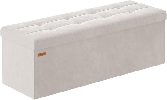 Folding Storage Ottoman, Velvet Storage Bench, Footrest, Removable Divider, for Living Room, Bedroom, 15 x 43 x 15 Inches, 660 lb Load Capacity, Cream White UASND02W