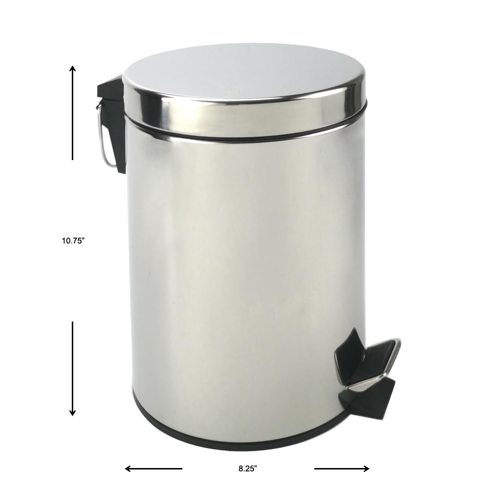 Stainless Steel Small Trash Can with Lid & Step Pedal - 5 Liters/1.3 Gallon Soft Close Waste Basket with Removeable Inner Bucket - Garbage Can for Bathroom, Bedroom, Kitchen & Office (Chrome)