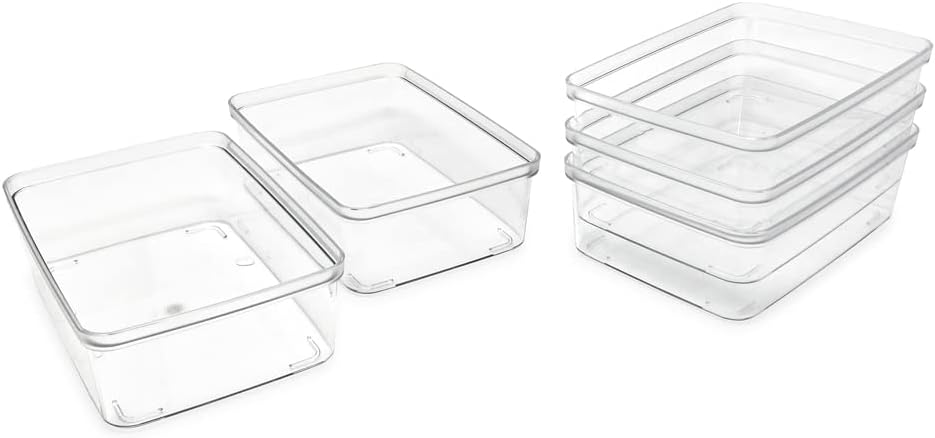 Isaac Jacobs 5-Pack Small Clear Storage Bins (5.5” L x 7.75” W x 2.5” H), Plastic Organizer for Home, Office, Kitchen, Fridge/Freezer, Desk, Bathroom, Drawers, BPA Free, Food Safe (5-Pack, Small)