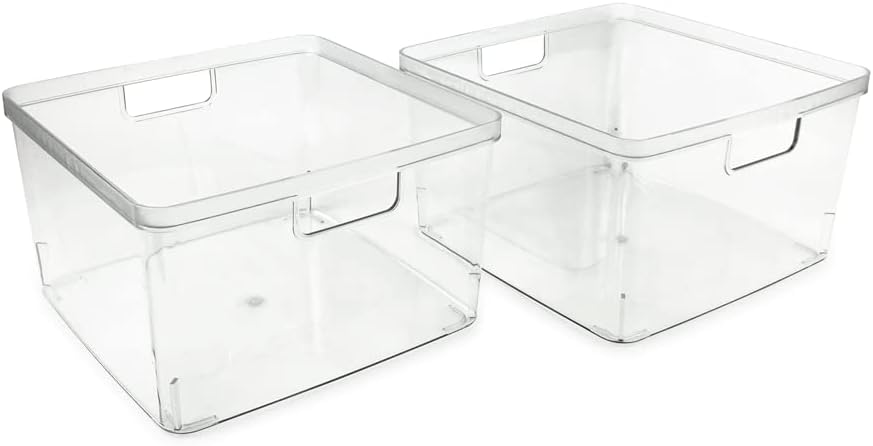 Isaac Jacobs 2-Pack Square Clear Storage Bins (10” L x 10” W x 6.1” H) w/Cutout Handles, Plastic Organizer for Home, Office, Kitchen, Fridge/Freezer, Bathroom, BPA Free, Food Safe (2-Pack, Square)