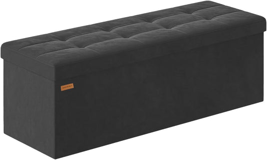 Folding Storage Ottoman, Velvet Storage Bench, Footrest, Removable Divider, for Living Room, Bedroom, 15 x 43 x 15 Inches, 660 lb Load Capacity, Ink Black UASND02B