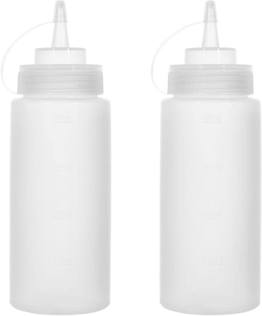 Squeeze Bottles for Sauces 2 Pack, 16 Ounce Plastic Dressing Squirt Bottles with Cap Lids, Condiment Bottle for Liquids BBQ Dressing Pancake Art Dispenser