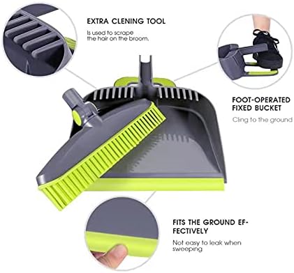 Adjustable Rubber Push Broom and Dustpan Set,Self Cleaning Indoor Outdoor Angle Brooms with Dust pan for Home,Long Handle for Floor Sweeping, Kids,Carpet Dog Cat Pets Offices Use