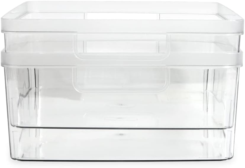 Isaac Jacobs 2-Pack Large Clear Storage Bins (11.5” L x 14” W x 5.5” H) w/Cutout Handles, Plastic Organizer for Home, Office, Kitchen, Fridge/Freezer, Bathroom, BPA Free, Food Safe (Large)