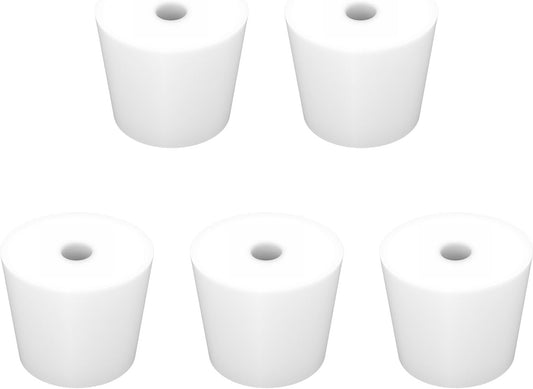 Labasics 5-Pack 7# Single-Hole Silicone Stoppers, White Tapered Lab Seal Stoppers with 0.31" Hole, Durable and Reusable Silicone Plugs for Laboratory Glassware, Airtight Sealing, and Experiments