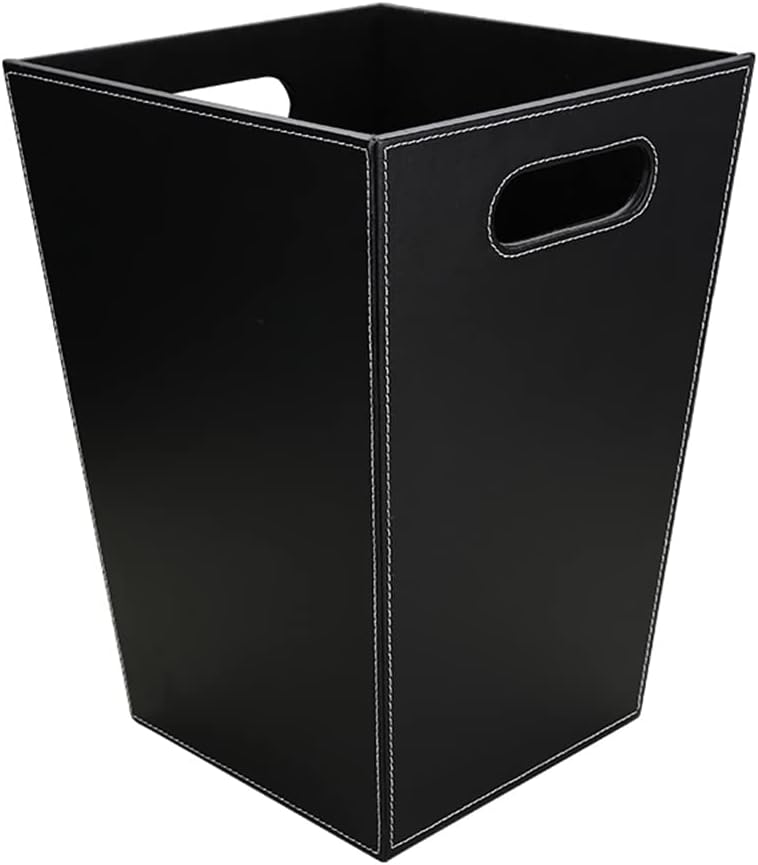KINGFOM Classic Pu Leather Trash Can Wastebasket, Garbage Container Bin with Handles for Bathrooms, Powder Rooms, Kitchens, Home, Office and and High Class Hotel Square Black