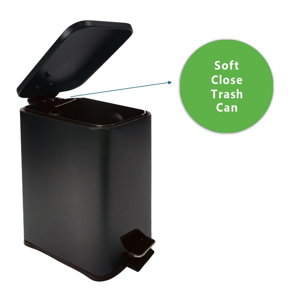 Stainless Steel Small Trash Can with Lid & Step Pedal - 6 Liters/1.6 Gallon Soft Close Garbage Can with Removeable Inner Bucket - Trash Cans for Bathroom, Bedroom, Kitchen & Office (Black)