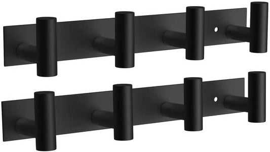 VAEHOLD 2PACK Hat and Coat Wall Mount Rack - 4 Hooks for Robes, Bags, Keys, and Towels - Bathroom Towel Hanger Organizer -Black