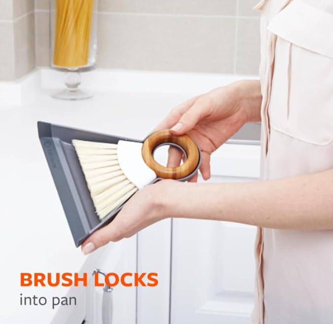 Full Circle Tiny Team Mini Compact Brush & Dustpan Set, Portable Handheld Broom for Quick Cleanups, Ideal for Home, Bathroom, Kitchen Countertops. Bamboo Hand Broom & Small Crumb Sweeper, White