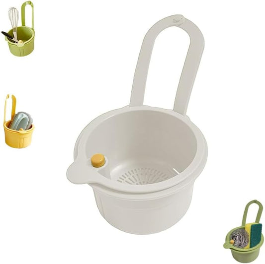 Sink Strainer Basket, Hanging Kitchen Sink Strainer Basket, Press to Dump, Easy Installation, Food Fruit & Vegetable Drainer Rack, Corner Waste Collector (White)