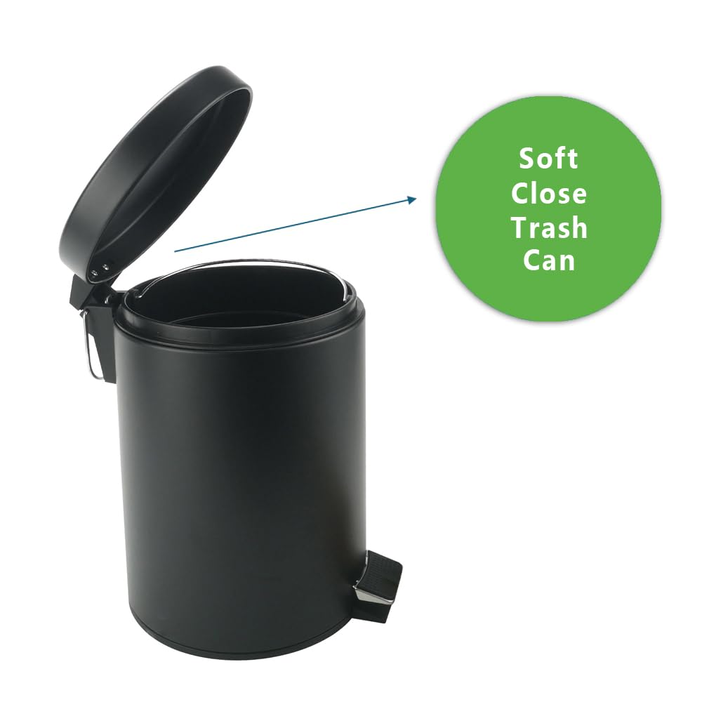 Stainless Steel Small Trash Can with Lid & Step Pedal - 5 Liters/1.3 Gallon Soft Close Waste Basket with Removeable Inner Bucket - Garbage Can for Bathroom, Bedroom, Kitchen & Office (Black)