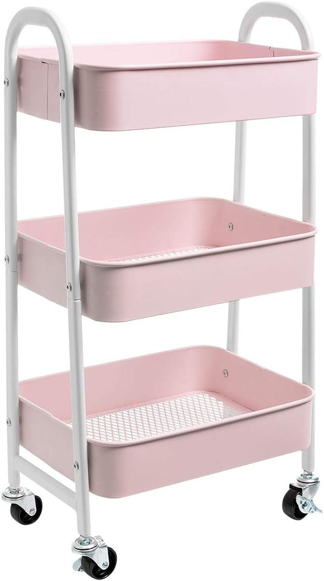 AGTEK Makeup Cart, Movable Rolling Organizer Cart, 3 Tier Metal Utility Cart, White - Pink