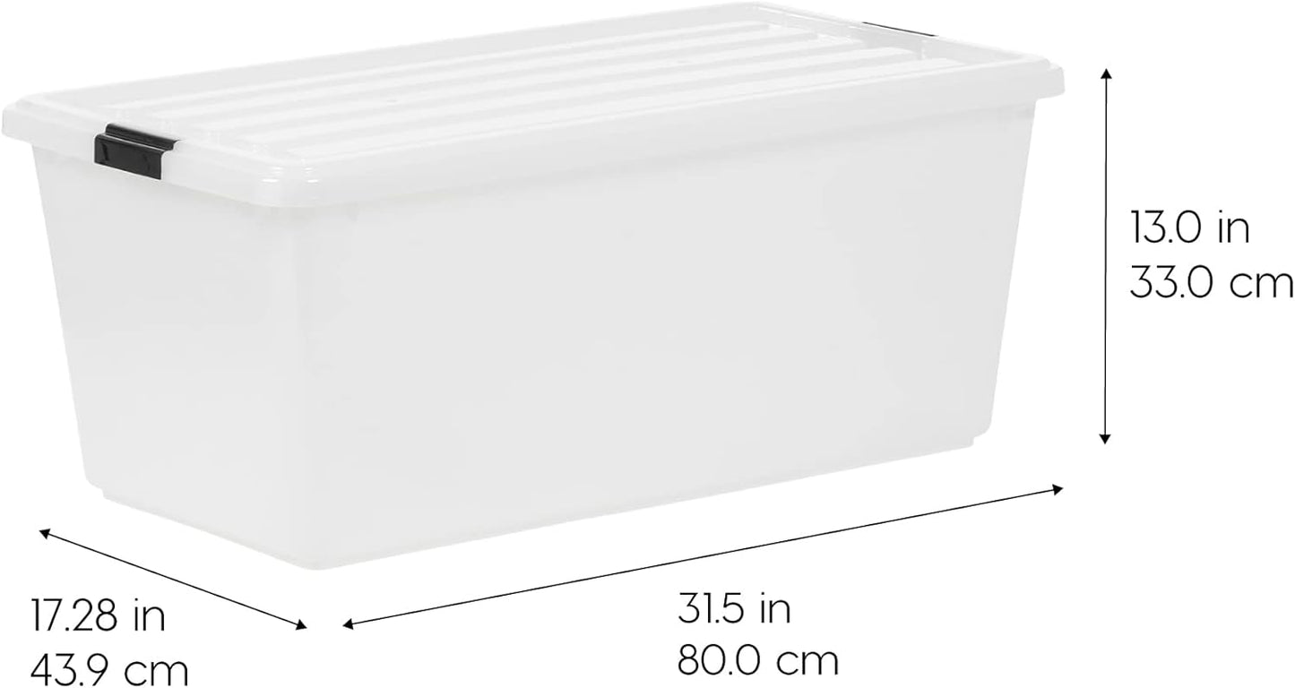 IRIS USA 91 Qt Stackable Plastic Storage Bins with Lids, 4 Pack - BPA-Free, Discreet Organizing Solution, Latches, Durable Nestable Containers, Secure Pull Handle, Made in USA - Pearl