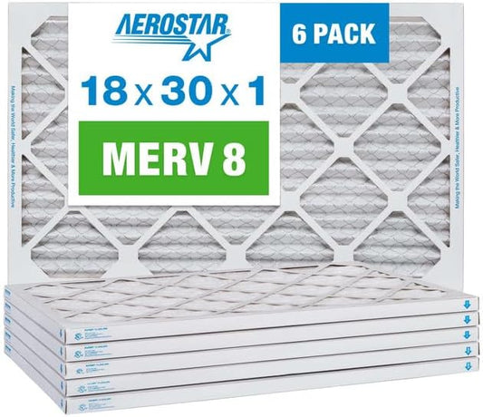 Aerostar 18x30x1 MERV 8 Pleated Air Filter, AC Furnace Air Filter, 6 Pack (Actual Size: 17 1/2" x