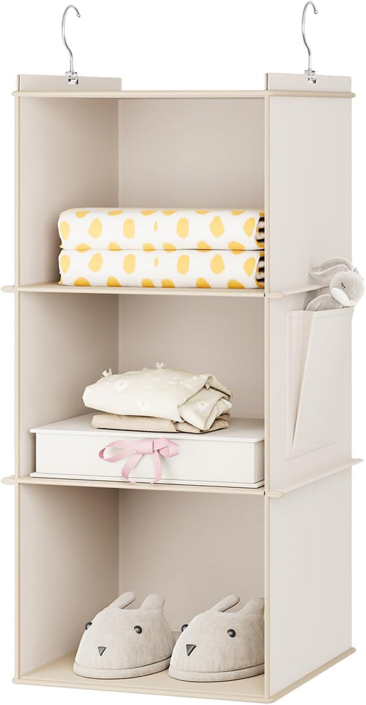 YOUDENOVA Hanging Closet Organizer, 3-Shelf Closet Hanging Storage Shelves, Beige