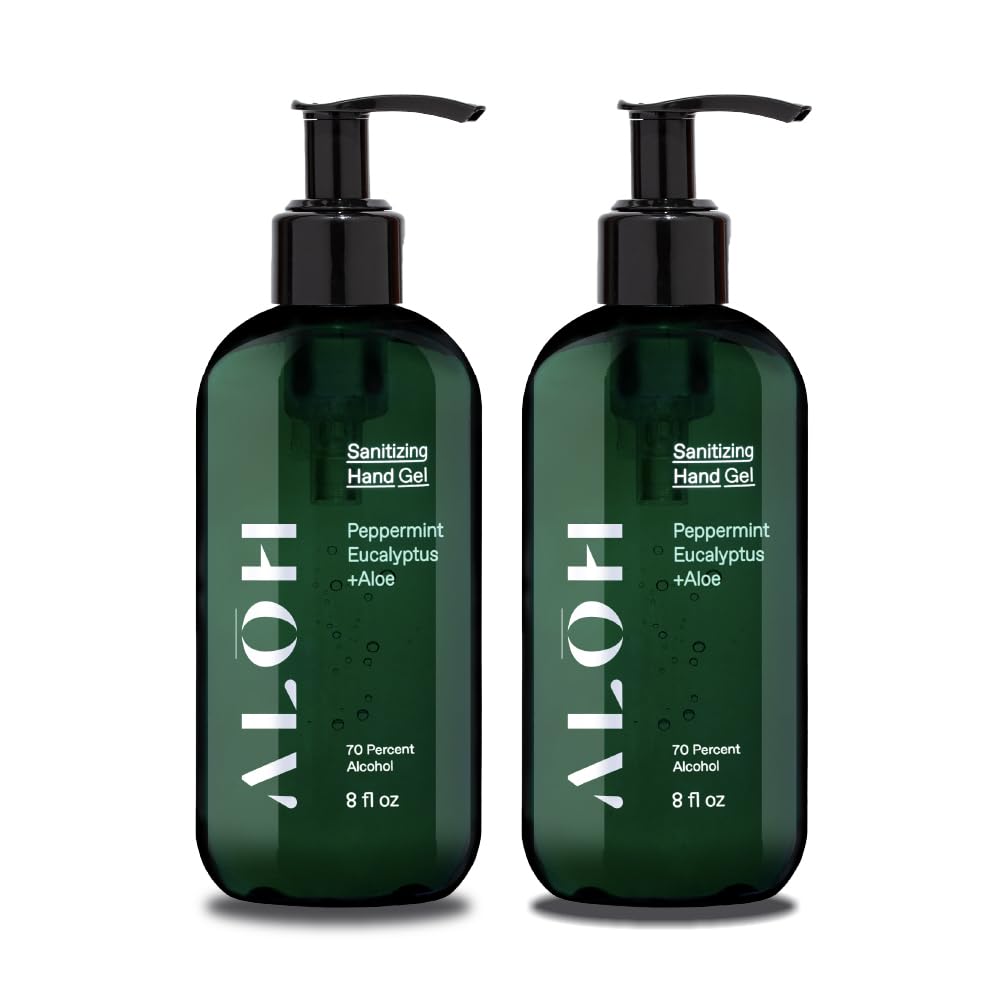 ALŌH Sanitizing Hand Gel 2-pack | Peppermint Eucalyptus + Aloe | 70% Alcohol Hydrating Hand Sanitizer Gel with Essential Oil, for Kids & Adults | 8oz Bottle (Set of 2)