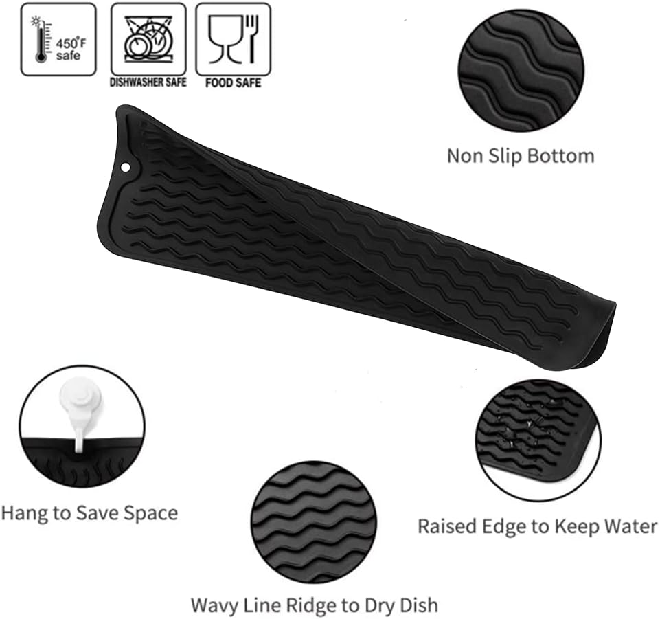 Silicone Dish Drying Mat for Multiple Usage,Easy clean,Eco-friendly,Heat-resistant Silicone Mat for Kitchen Counter,Sink,Bar,Bottle,or Cup Black M 17 inches x 6 inches