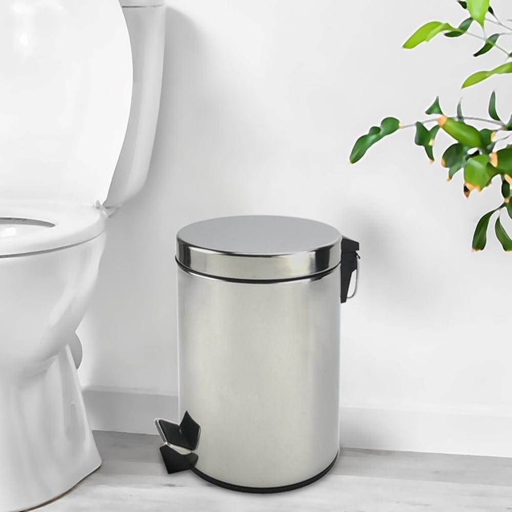 Stainless Steel Small Trash Can with Lid & Step Pedal - 5 Liters/1.3 Gallon Soft Close Waste Basket with Removeable Inner Bucket - Garbage Can for Bathroom, Bedroom, Kitchen & Office (Chrome)