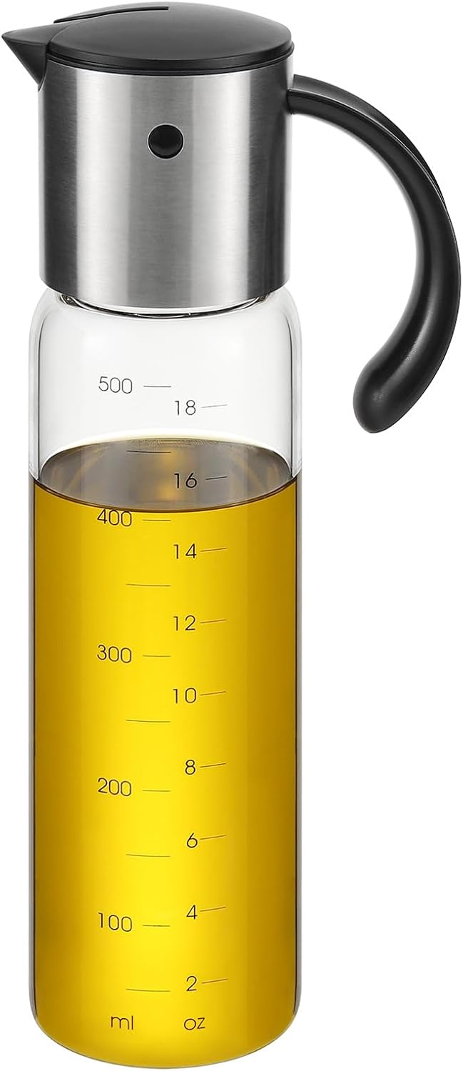 Vucchini Large Olive Oil Dispenser Bottle 17 oz - Auto Flip Condiment Container - Leakproof Vinegar Dispenser Glass Cruet Stainless Steel