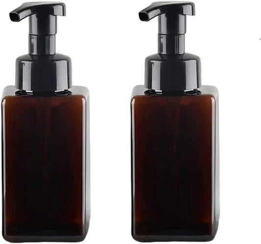Foaming Soap Dispenser, 450ml(16oz) Refillable Modern Square Pump Bottle for Shampoo, Body Wash, Liquid Soap, PETG Plastic Empty Soap Dispenser for Kitchen, Bathroom, Hospital. 2 Pcs (Brown)