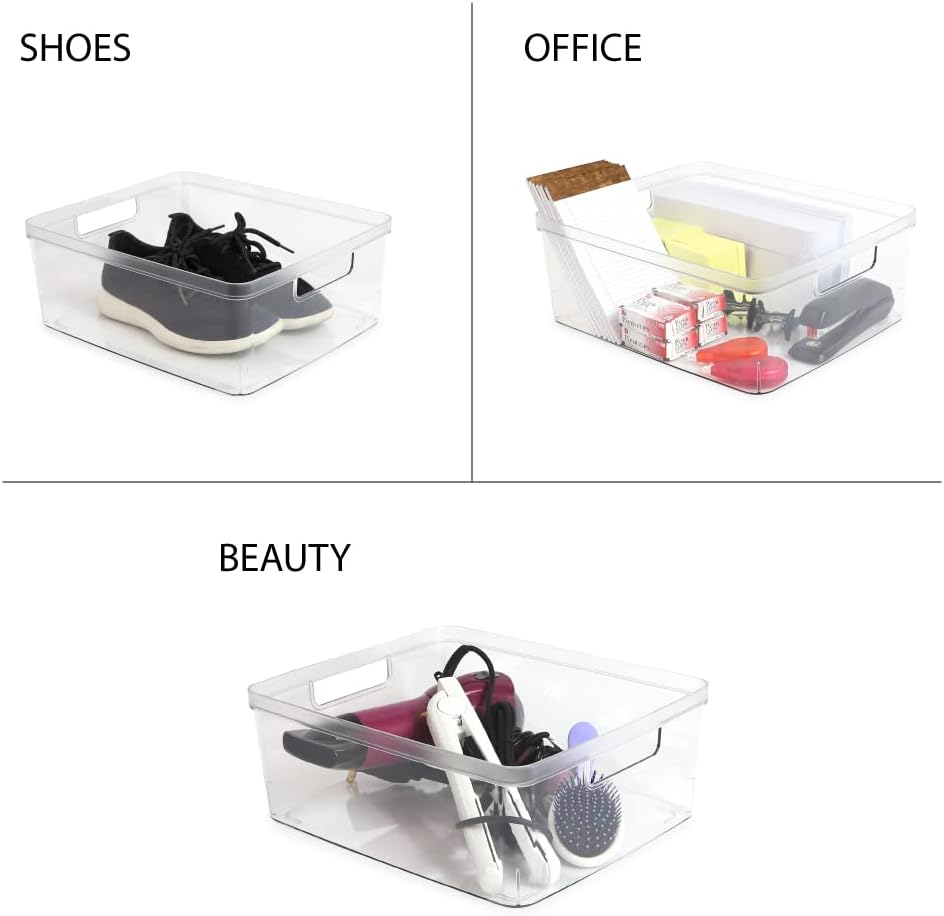 Isaac Jacobs 2-Pack Large Clear Storage Bins (11.5” L x 14” W x 5.5” H) w/Cutout Handles, Plastic Organizer for Home, Office, Kitchen, Fridge/Freezer, Bathroom, BPA Free, Food Safe (Large)