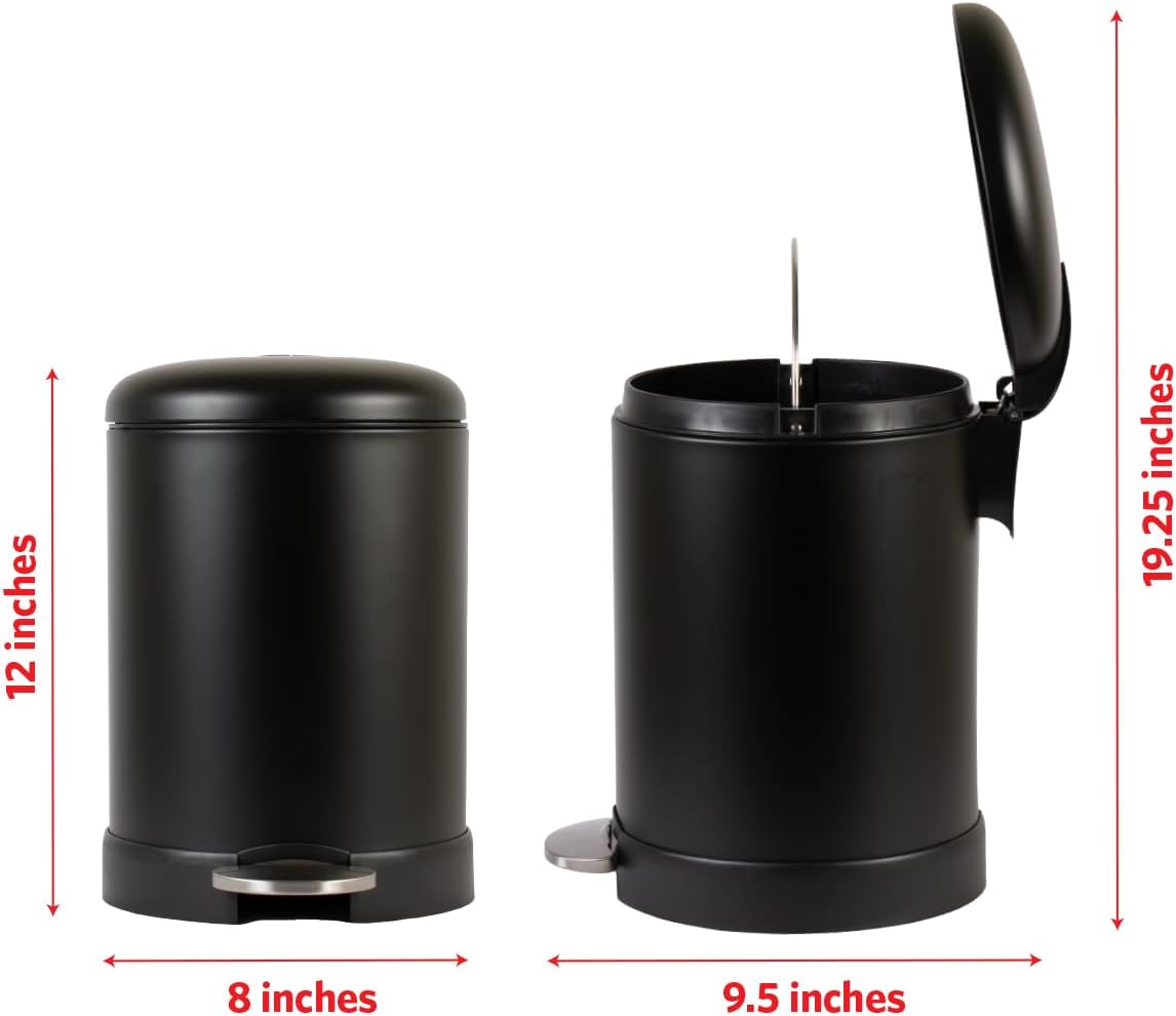 Glad Small Trash Can, 1.2 Gallon | Round Stainless Steel Garbage Bin with Soft Close Lid & Step Foot Pedal | Black Metal Waste Basket with Removable Inner Bucket, Matte Black