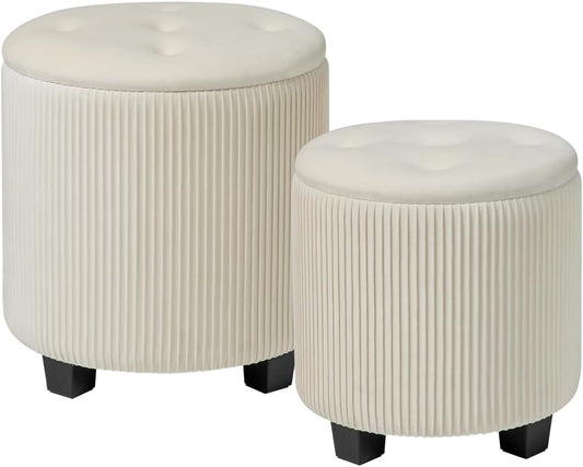 Big Round Ottoman with Storage Set of 2,Upholstered Velvet Vanity Stool for Makeup Multifunctional