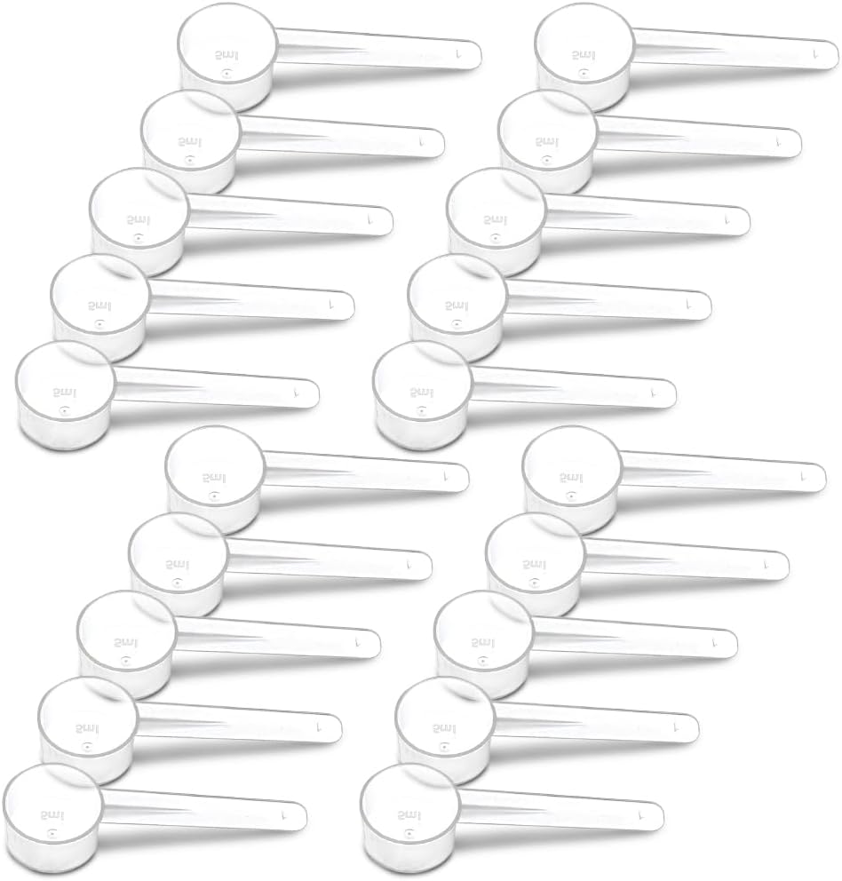 20 Measuring Spoons Set with Short Handle - 1 Teaspoon (5 ML) Clear Plastic Scoops for Creatine, Coffee, Grains, Spices, Powders, and Other Dry Goods, BPA Free, Kitchen Tools Measure, Fits in Jars