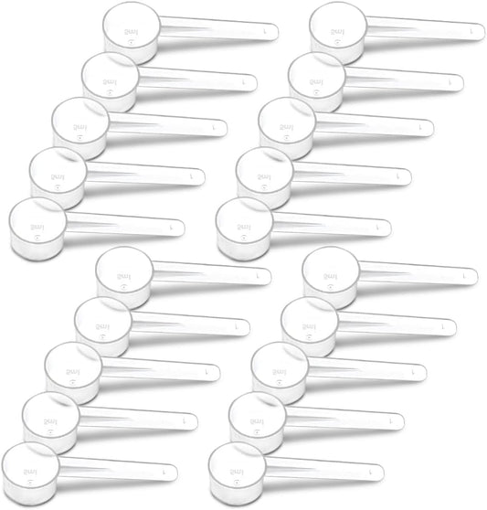 20 Measuring Spoons Set with Short Handle - 1 Teaspoon (5 ML) Clear Plastic Scoops for Creatine, Coffee, Grains, Spices, Powders, and Other Dry Goods, BPA Free, Kitchen Tools Measure, Fits in Jars