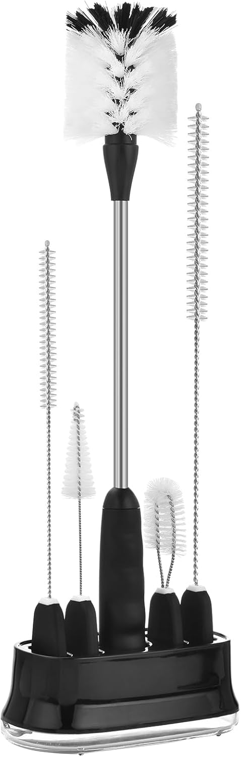 ALINK 5 Pack Water Bottle Brush Cleaning Set with Holder, Bottle Cleaner with Stand, Straw Nipple Lid Brush for Stanley 40OZ/30OZ Tumblers, Drinking Glass, Baby Bottles, Jugs - Black