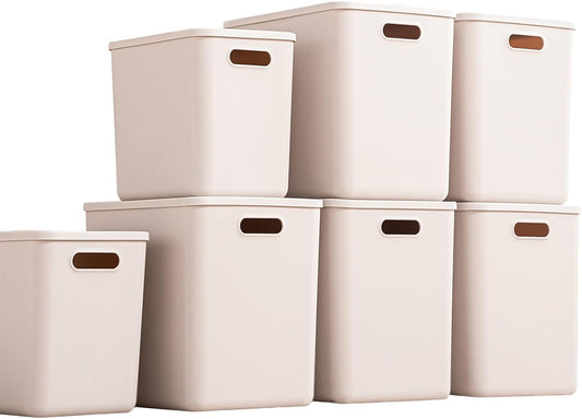 Plastic Storage Bins with lids,Storage Baskets,Container with handle,Storage Organizer Bins for Shelves,Office,Bedrooms,Closets, Cabinets(Grey，5XL+2L)