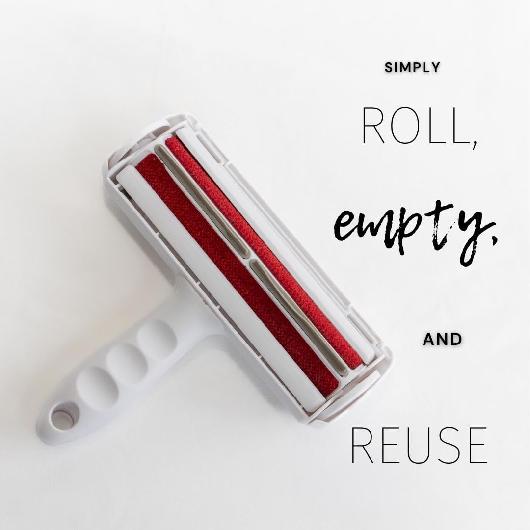 Reusable Pet Hair Remover & Lint Roller – Washable, Portable Tool for Dog & Cat Hair Removal on Clothes, Furniture, Carpet & Car – Effective Roller for Easy Fur & Lint Removal (Red)