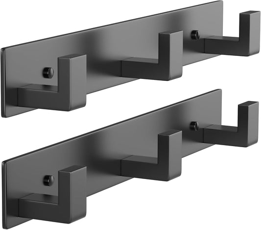 PMMASTO Wall Mounted Coat Hooks- Stainless Steel Rust-Resistant Bathroom Hangers for Towels/Hats/Coats, Heavy-Duty Wall Mount Hooks with Screws (Black 3 Hooks, 2-Pack)