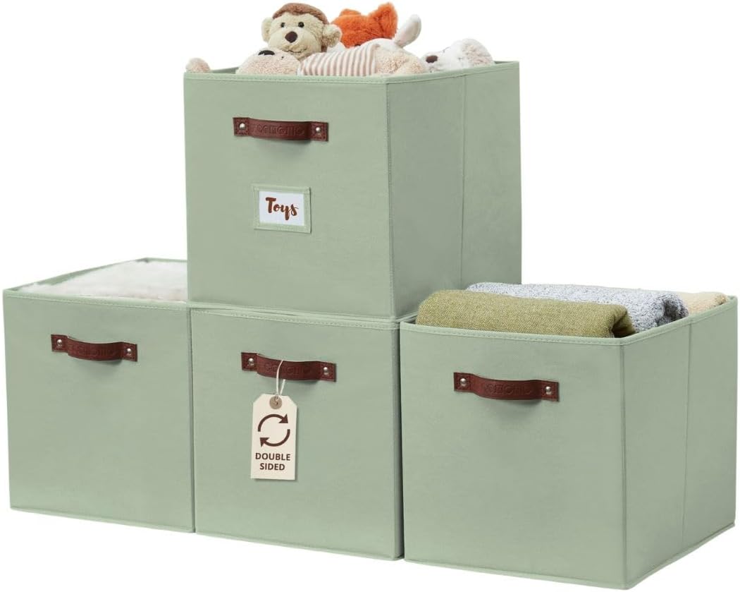 DECOMOMO Storage Baskets, 13x15x13 Storage Cube Bins with Labels for Organizing Shelves Kallax (Kallax / 4pcs, Sage Green)