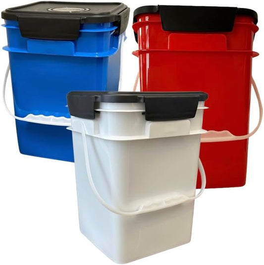 House Naturals 4 Gallon Square Food Grade Bucket Pail with Plastic Handles and Lid (Pack of 3) Made