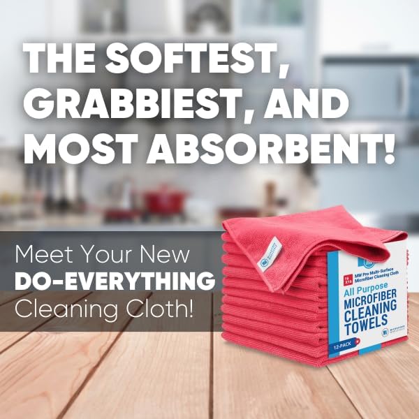 MW Pro Microfiber Cleaning Cloth | Red (12 Pack) | Size 16" x 16" | All Purpose Microfiber Towels - Clean, Dust, Polish, Scrub, Absorbent