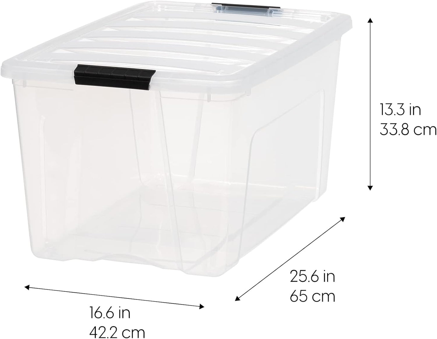IRIS USA 72 Qt Stackable Plastic Storage Bins with Lids, 4 Pack - BPA-Free, Made in USA - See-Through Organizing Solution, Latches, Durable Nestable Containers, Secure Pull Handle - Clear